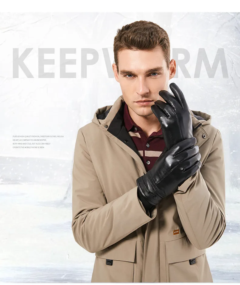 Winter Gloves for Men Sheepskin Leather Touch Screen Men's Gloves High Quality Warm Full Finger Men Mittens Driving Riding