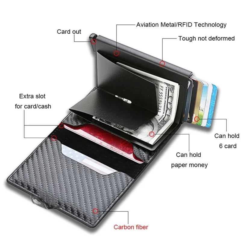 2023 Carbon Fiber Credit Kaarthouder Portemonnee Mannen Pouch Id Bedrijf Kaarthouder Mini Rfid Portemonnee Automatische Pop Up Bankkaart case