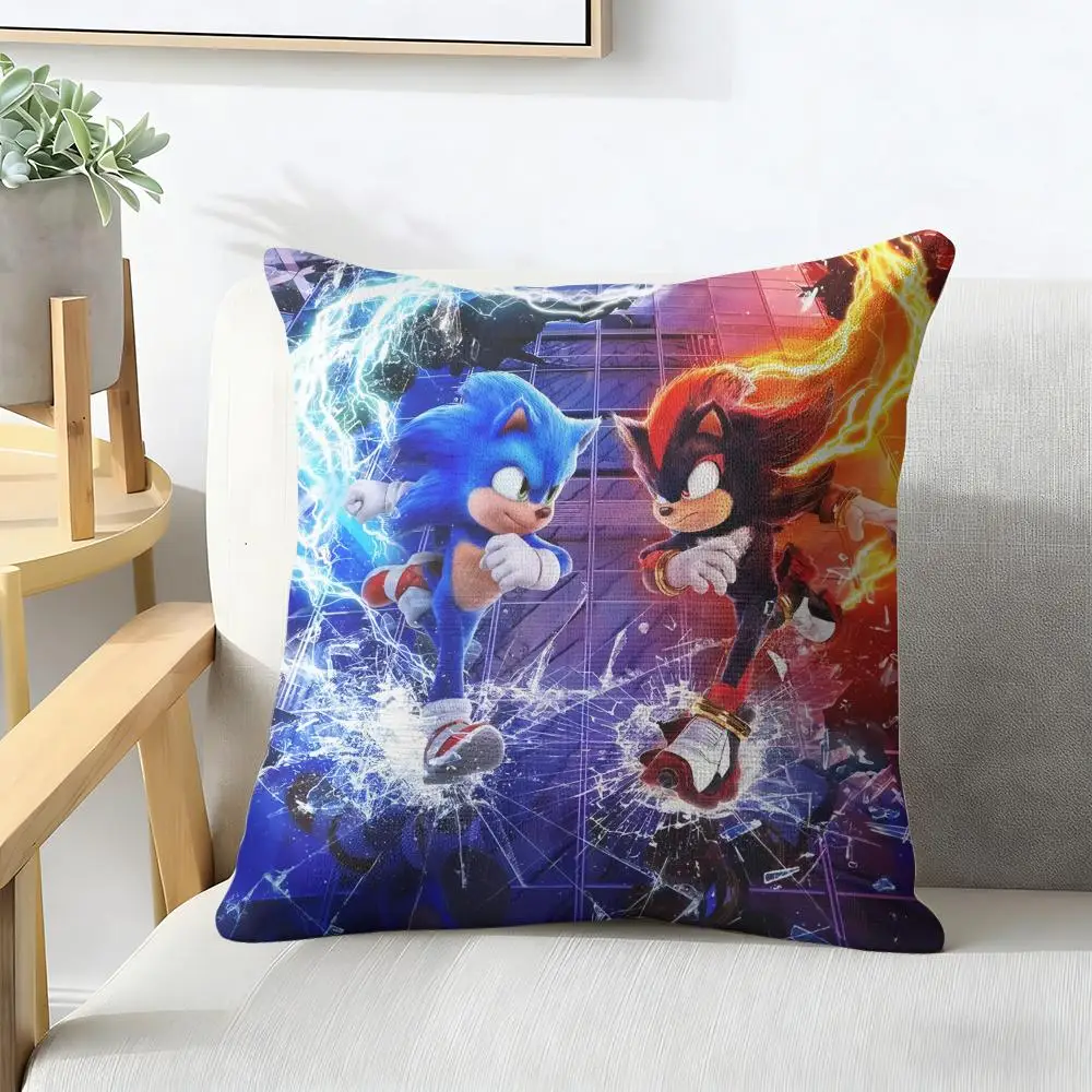 S-Sonic Anime Cool Cushion Cover Natural Linen Organic Fabric Double-Sided Printing Breathable For Decor