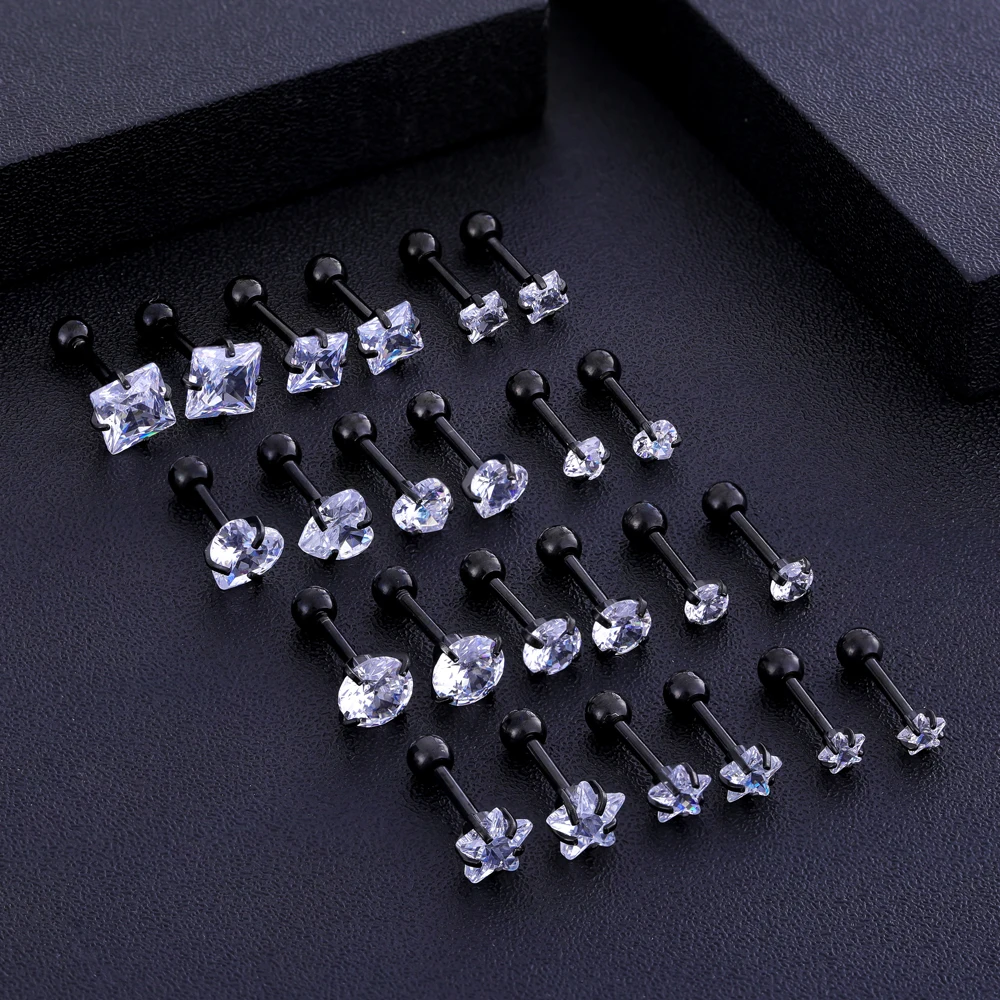 4Pairs Gold Color Heart Star Square-shaped Ear Studs Sets Stainless Steel Mini Earring Piercing Nose Studs Lip Rings Jewelry Lot