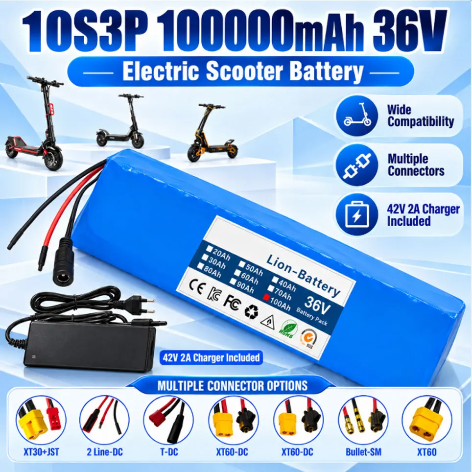 Pacco batteria al litio ricaricabile 36V 100Ah 18650 10S3P 600W per bicicletta elettrica, scooter e veicolo elettrico modificato con BMS