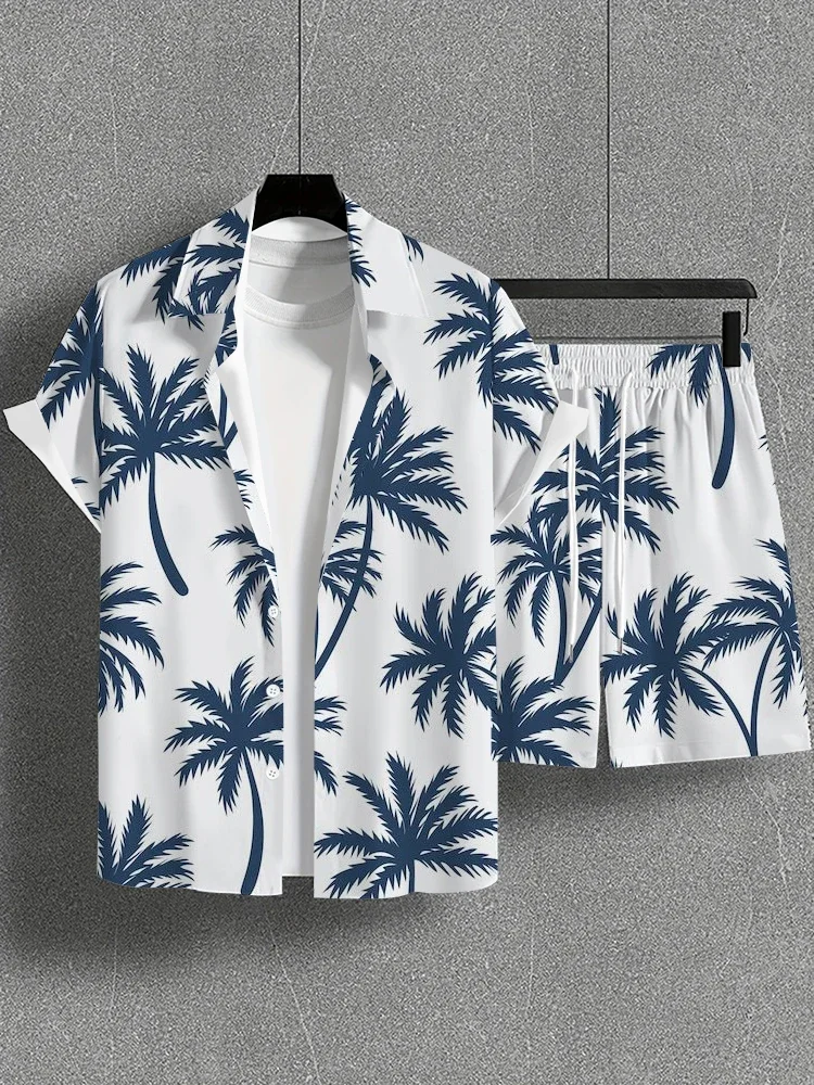 2024 Summer Men\'s Large Size Tropical Hawaiian Coconut Tree Print Short Sleeve Shirt and Beach Shorts Men\'s Beach Vacation Set