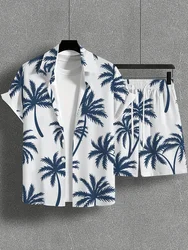 2024 Summer Men's Large Size Tropical Hawaiian Coconut Tree Print Short Sleeve Shirt and Beach Shorts Men's Beach Vacation Set