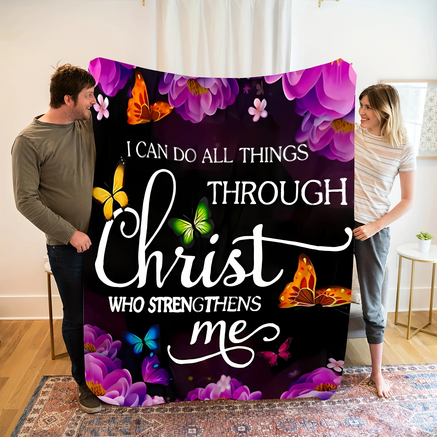 1pc of Comfort Power Inspired Blooming Purple Flowers and Colorful Butterflies Faith Journey Theme Patterned Flannel Blanket, So