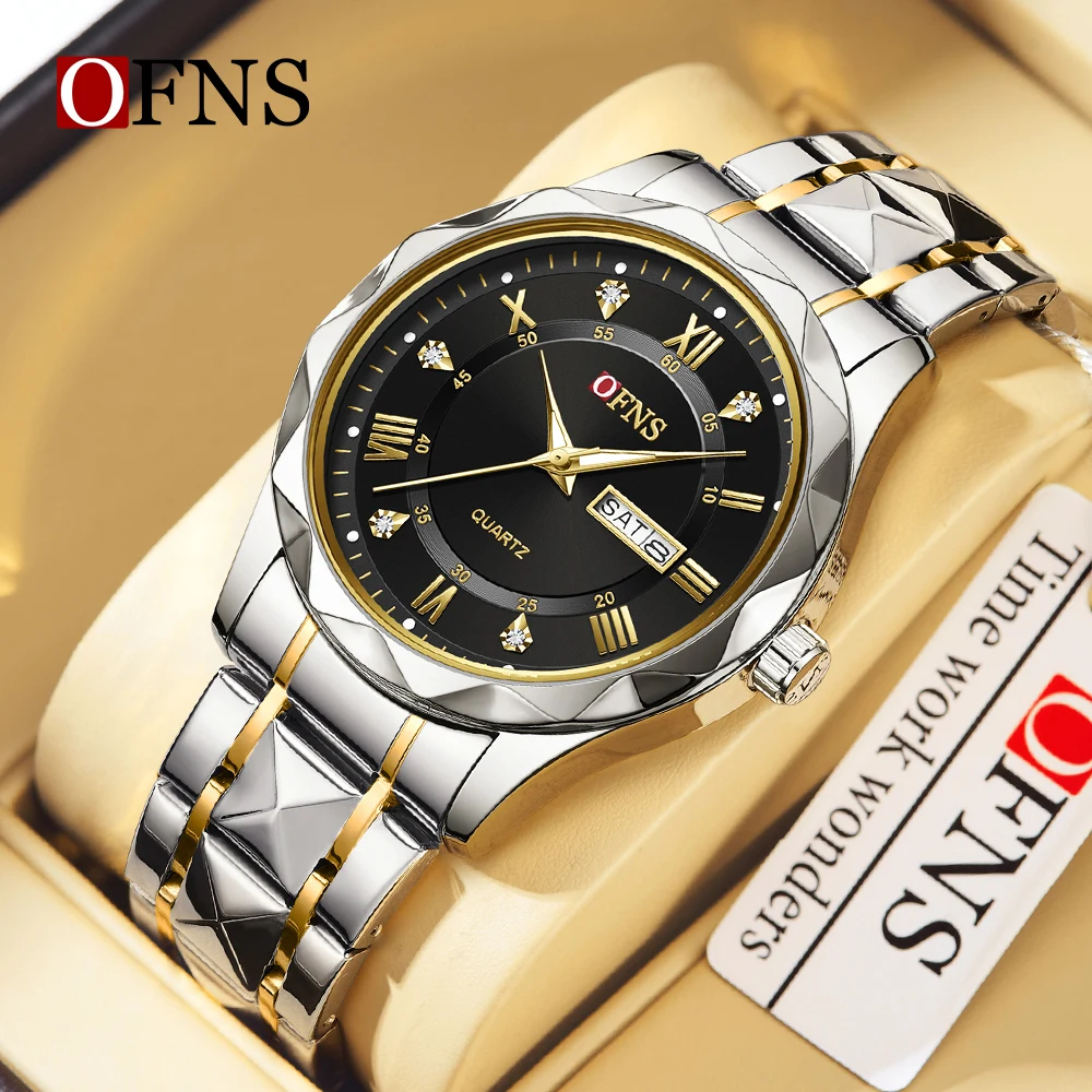 OFNS Fashion Men's Quartz Watch Stainless Steel Strap Waterproof Night Light Calendar Business Simple Men's Quartz Watch 7108