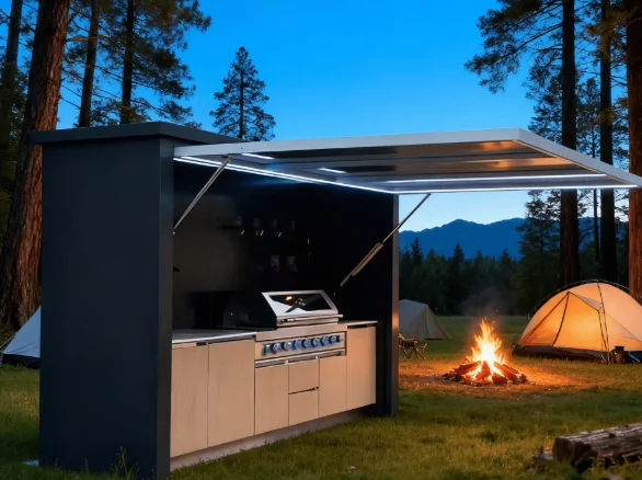 All weather Outdoor Mobile Kitchen with Motorized Folding Blinds and Cooking Facilities Waterproof UV Resistant Durable