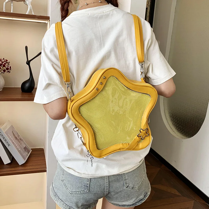 

Yellow Star Backpack PU Leather Shoulder Bag Cute Teenage Girl Schoolbag Adjustable Knapsack Y2K Spicy Girl Travel Backpack