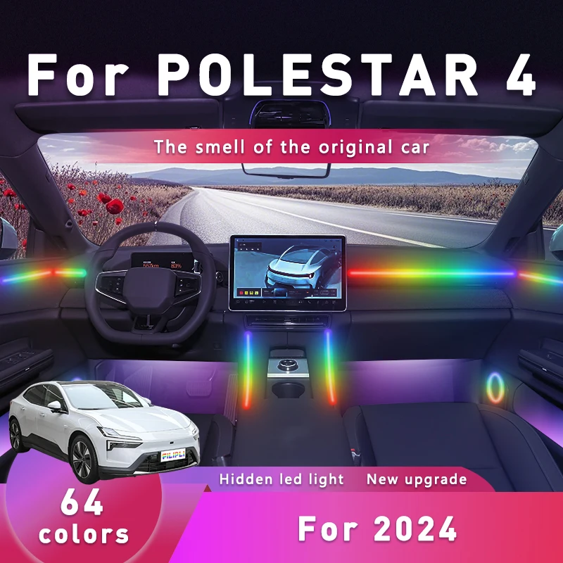 

FILIPLI для POLESTAR 4 для 2024, 64-цветный автомобильный светильник для украшения настроения, 64 RGB, беспроводной Bluetooth, автомобильный интерьерный светильник