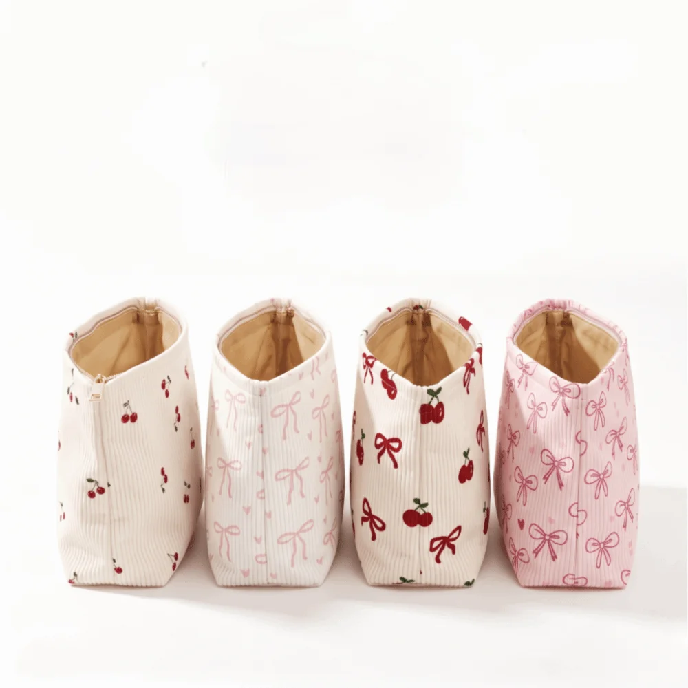 Pink Bow Corduroy Makeup Bag Corduroy Zipper Makeup Organizer Multifunctional Printed Corduroy Cosmetic Pouch For Women