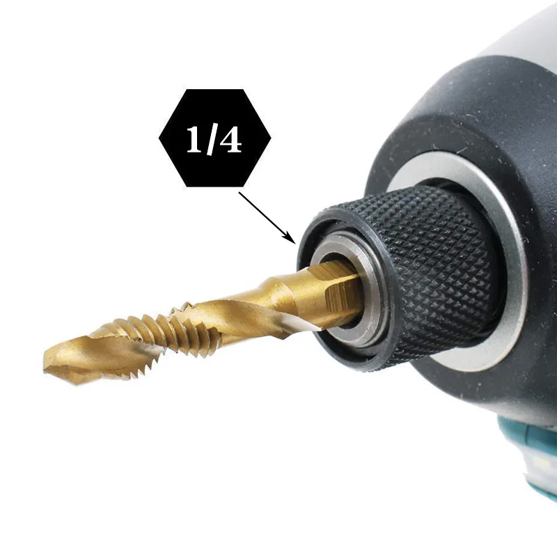 M3 M4 M5 M6 M8 M10 Tap Drill Bits 1/4 Hex Shank Machine Hand Taps Titanium Coated HSS Drilling Tap Bits Thread Screw Tools