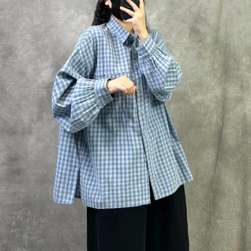 SuperAen Retro Plaid Long-sleeved Cotton and Linen Blouse for Women 2026 Autumn New Classic Loose Oversize Elegant Casual Shirts