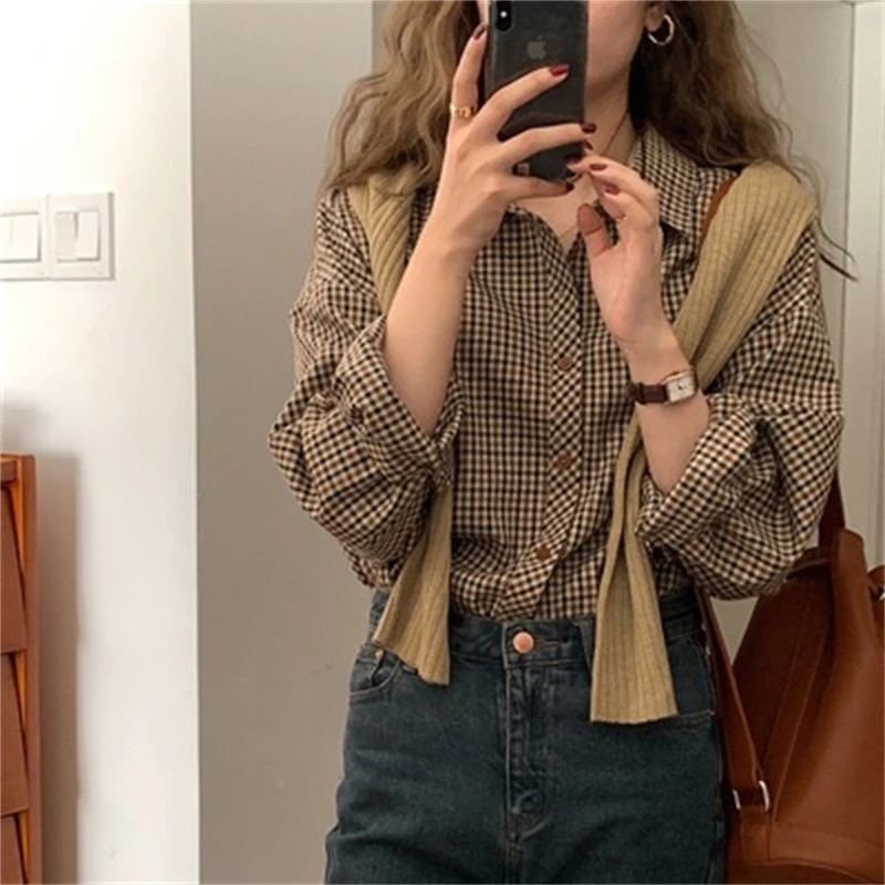 Plaid Shirts Women Casual Turn Down Collar Retro Shirt Elegant Office Lady Korean Style Long Sleeve Blouse Classic Femme Clothes