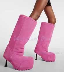 2024 Pink Big Round Toe Knee High Boots Thin High Heel Slip On Runway Women's Long Snow Boots New Arrivals Autumn Winter Warm