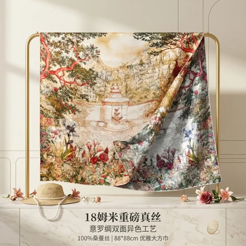 100% Mulberry Silk 18 Momme Print Square Scarf Sun Protection Shawl Elegant Summer