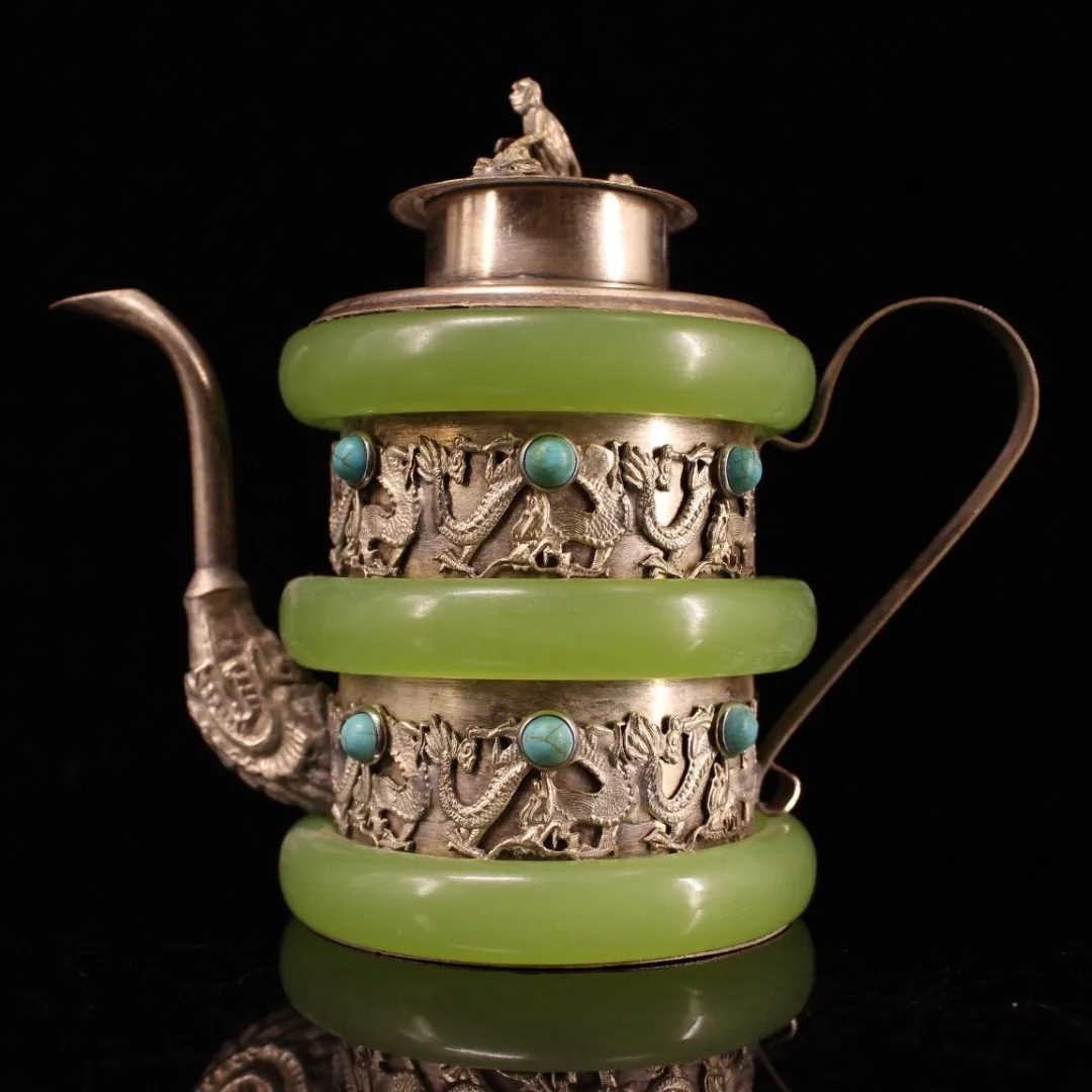 Chinese Tibetan Style Inlaid Turquoise Metal Teapot Wine Pot Ornament Handcrafted Embossed Dragon Pattern Kettle Home Decor