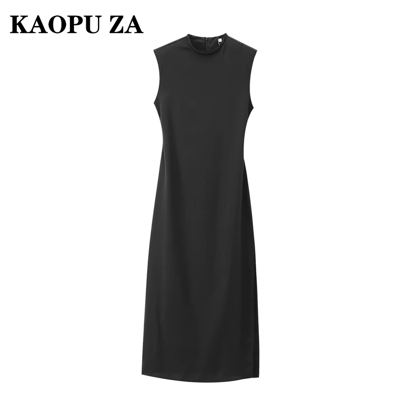 KAOPU ZA 2024 New Summer Ladies Slim Fit Sleeveless Long Skirt Casual Versatile Black Dress Lightweight Fashion