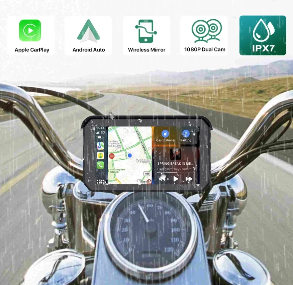 WiFi 1080P 5 Inch Portable GPS Navigation Waterproof Motorcycle Carplay/Android Auto Monitor DVR Camera Recording Wireless TPMS