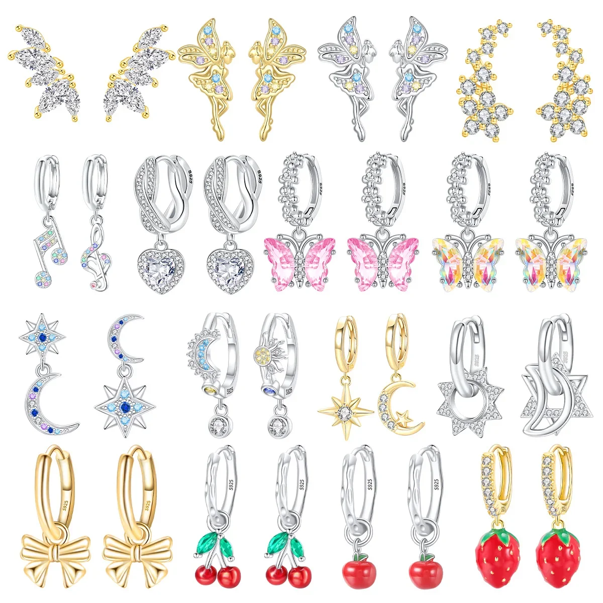 

New 925 Sterling Silver Cherry strawberry wings Butterfly elf stars Moon Zircon Earrings for Women Luxury Jewelry Wedding Gift