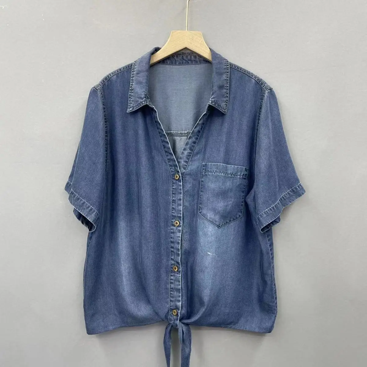 2024 Summer Thin Denim Shirt Casual Lapel Short Sleeved Loose And Versatile Denim Top For Women