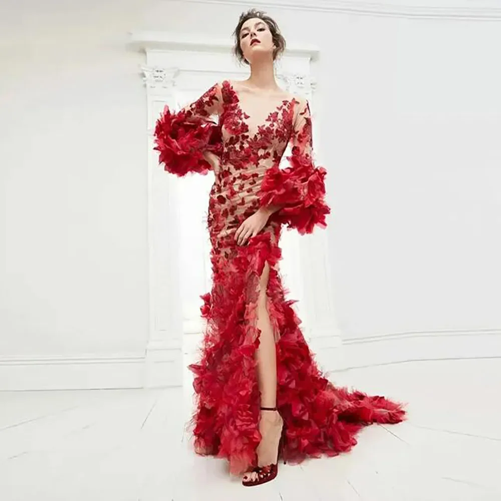 

Attractive Red 3D Flower Mermaid Prom Gowns Puff Sleeves Lace Split Sexy Long Women Evening Dresses To Event Party Bridal Dress