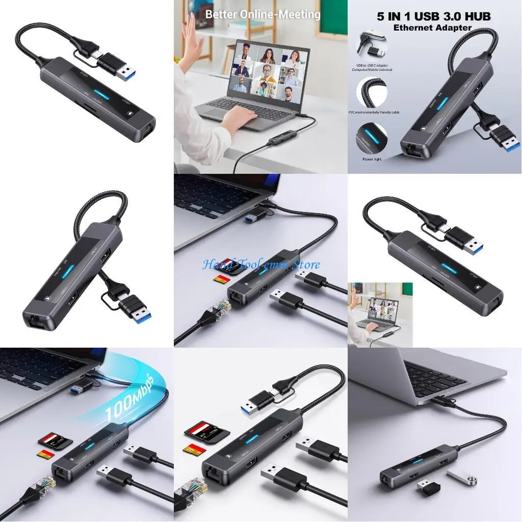 

H37F 5Port USB Hubs Splitter Ethernet Adapter with Fast Data Transmission for Type C