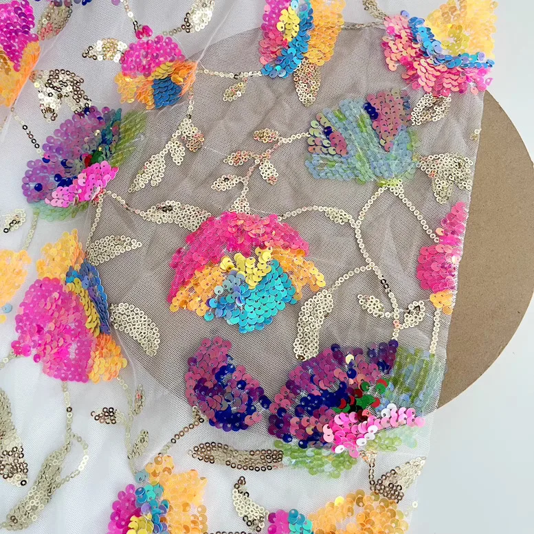 

1 ярд 3D красочные цветочные бусины с блестками белая сетчатая ткань Cheongsam женские аксессуары для платья ткань для шитья