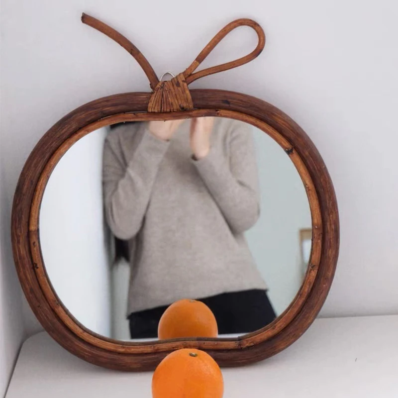 Rattan makeup mirror round apple mirror real rattan outer frame literary style retro style Japanese style wall hanging