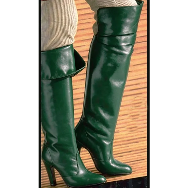Black Knee High Matte Leather Boots Chunky Heel Pointed Toe Fashionable Sexy Cool 2026 Big Size Woman Shoes Zapatillas Mujer