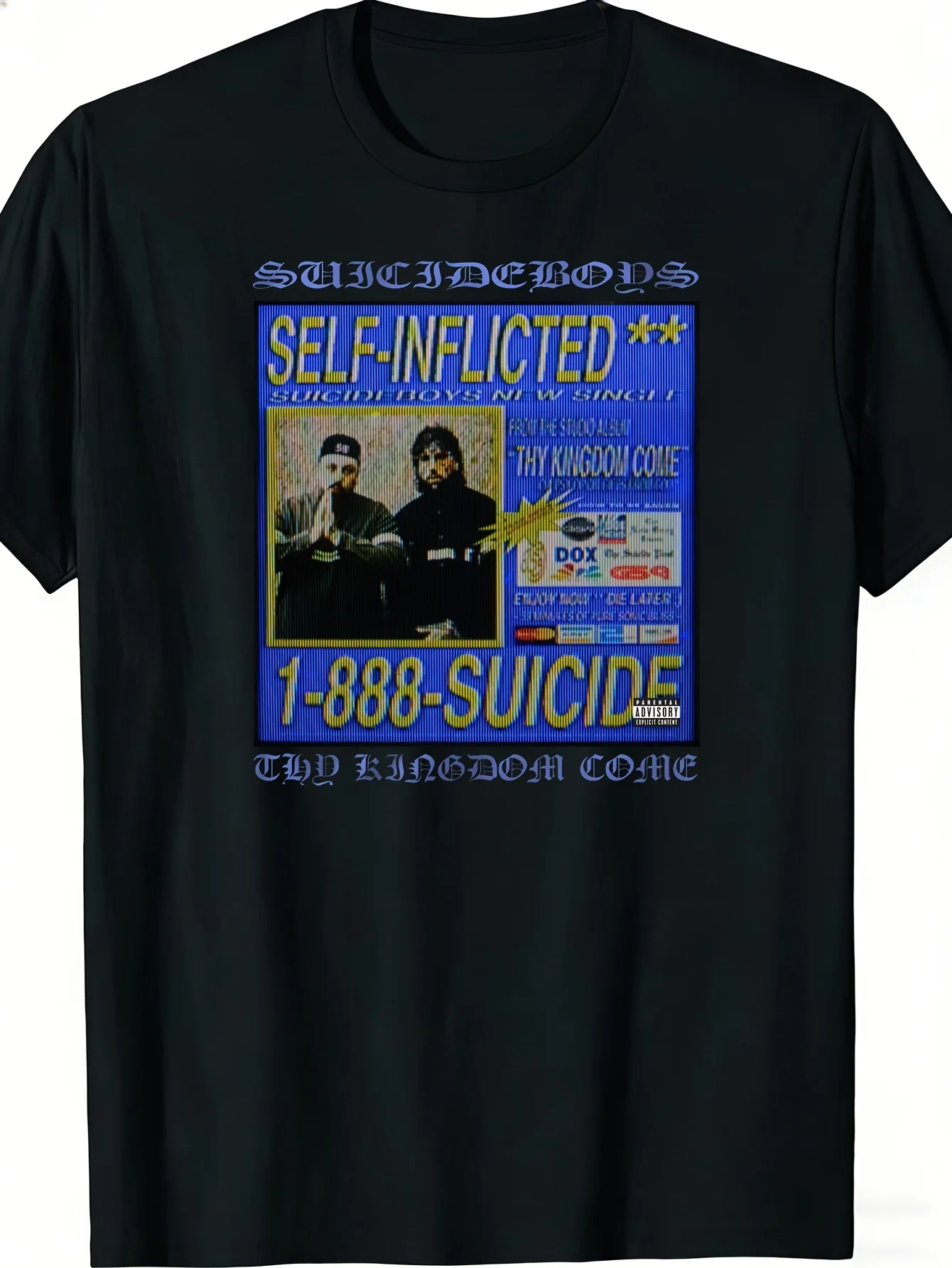 Camiseta gráfica del álbum Thy Kingdom Come de Men'S Suicide Boys G59 con ilustración de un suicidio autoinflable.