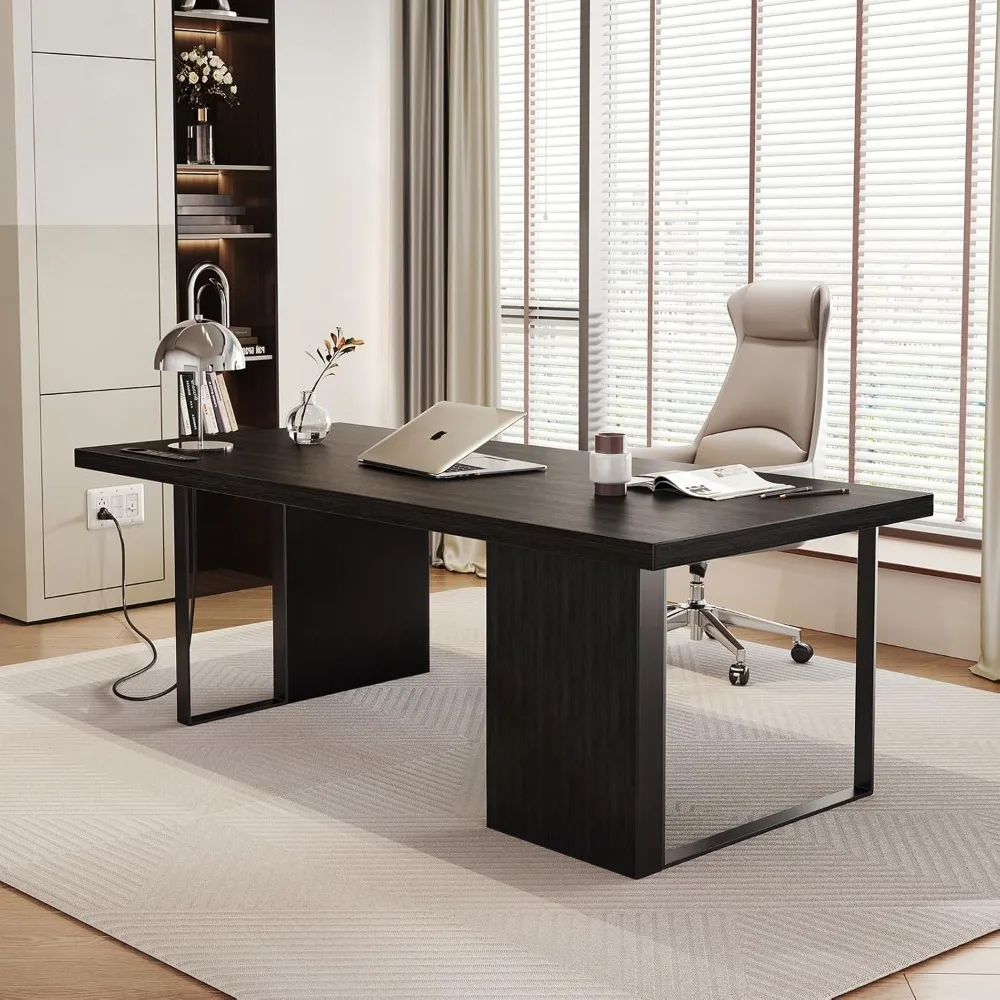 

60-Inch Large Executive Desk, Modern Minimalist Wooden Computer Office Desk Workstation with Extra Thick Tabletop and Built-in P