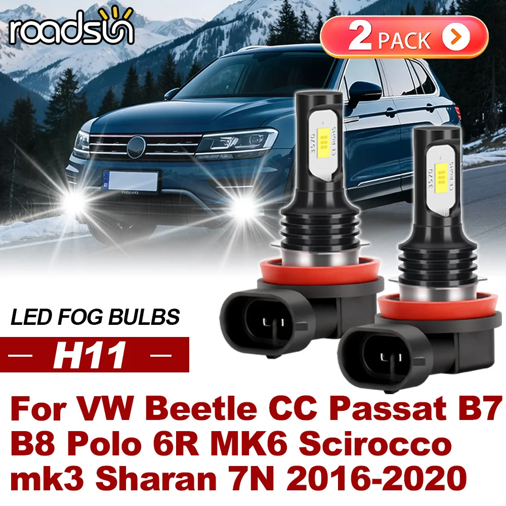 ROADSUN 2PCS For VW Beetle CC Passat B7 B8 Polo 6R MK6 Scirocco mk3 Sharan 7N 2016-2020 Canbus Car LED Fog Lights 2017 Fog Lamp
