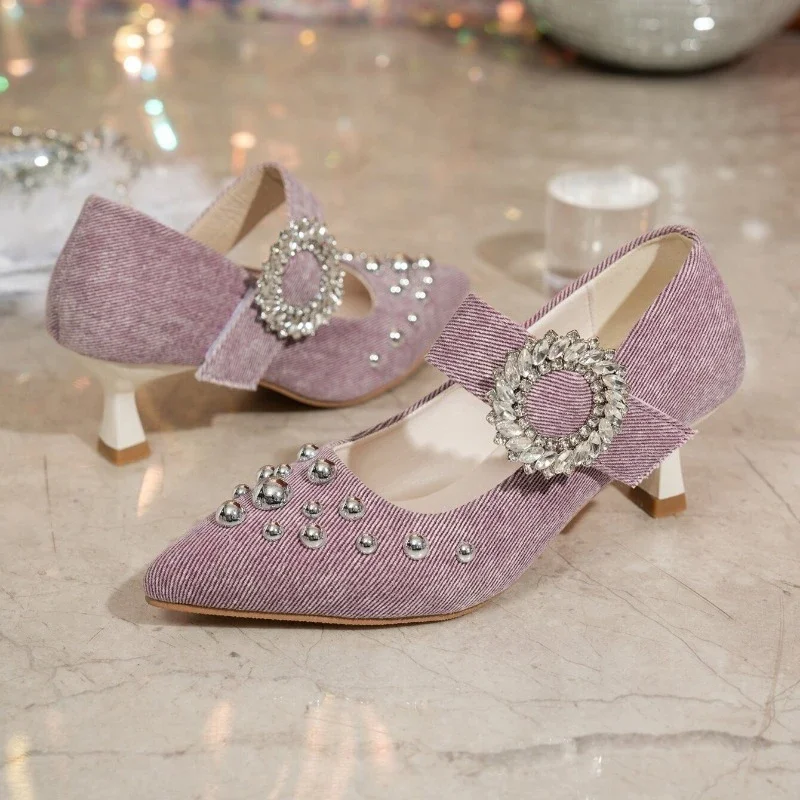 

Women's Single Shoes with Heels Pointed Toe Rhinestones Hook & Loop Shoes Women Dress Leisure Roman Mature Zapatillas De Mujer
