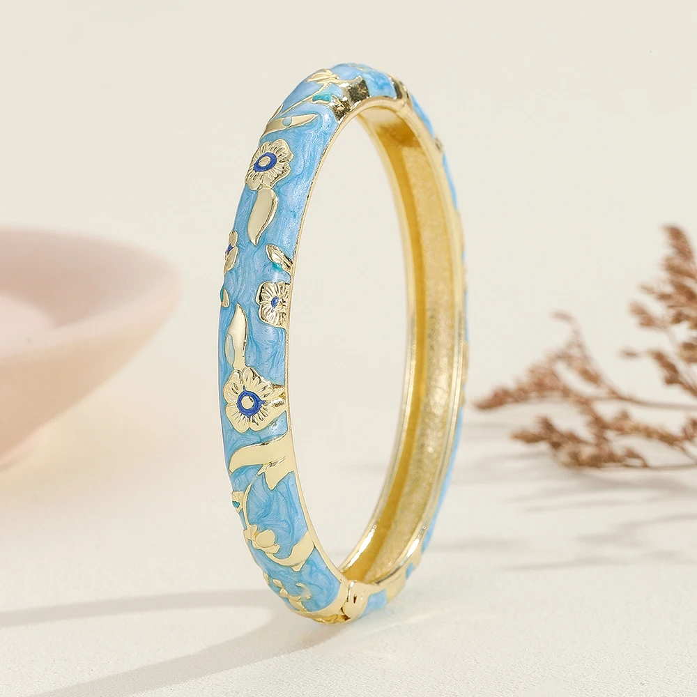 Fashion new ethnic style gold plated flower pattern enamel cloisonne bracelet bangle jewelry gift item for girls women