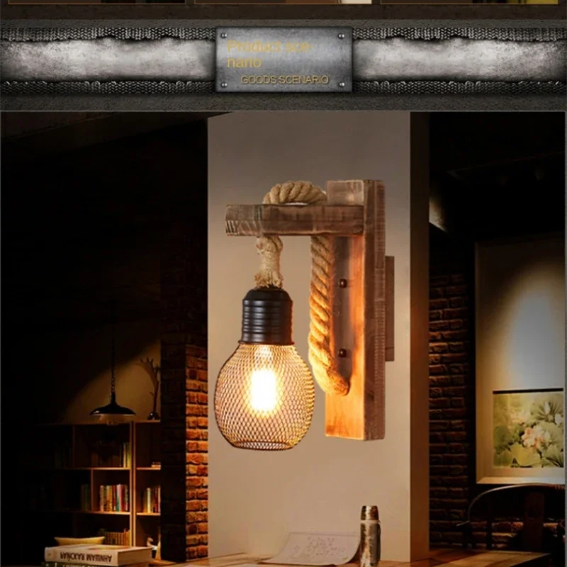 Solid Wood Wall Lamp Restaurant Homestay Corridor Farmhouse Industrial Style Hemp Rope Rural Retro Wall Lamp