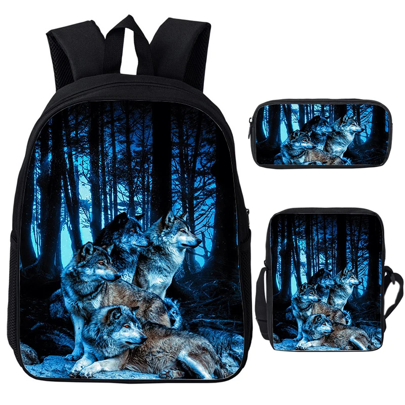 Galaxy Wolf Backpack Shoulder Bag Pencil Case Animals Tiger Lion Schoolbag Student Canvas Bag Girls Boys Bookbag Travel Daypack