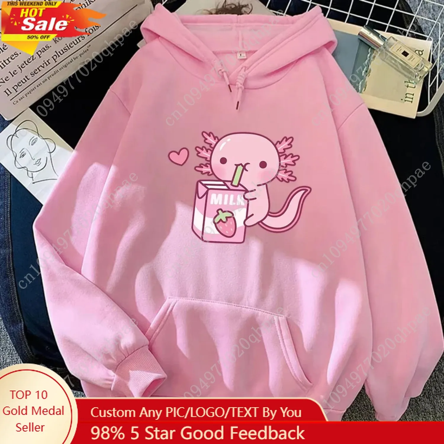 

2025 Anime Axolotl Loves Strawberry Milk Doodle Hoodie Kawaii Hoodies Winter Women Spring_Autumn Unisex Sweatshirt Harajuku