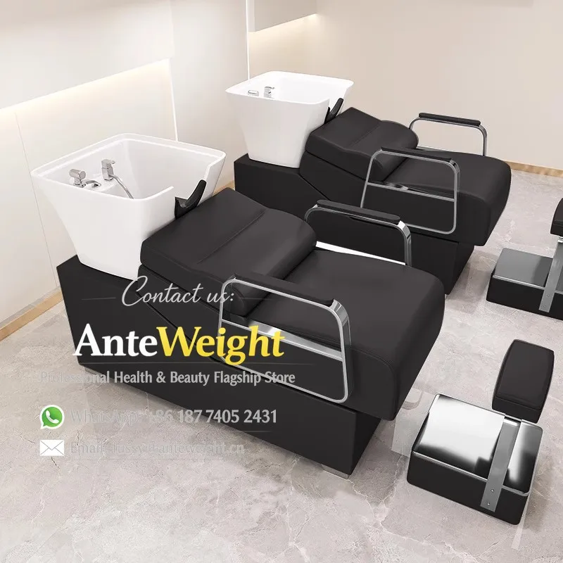 

Semi-Reclining Shampoo Bed with Ceramic Basin, Stainless Steel Salon Rinse Station | Design for Barbershop & Beauty Salon