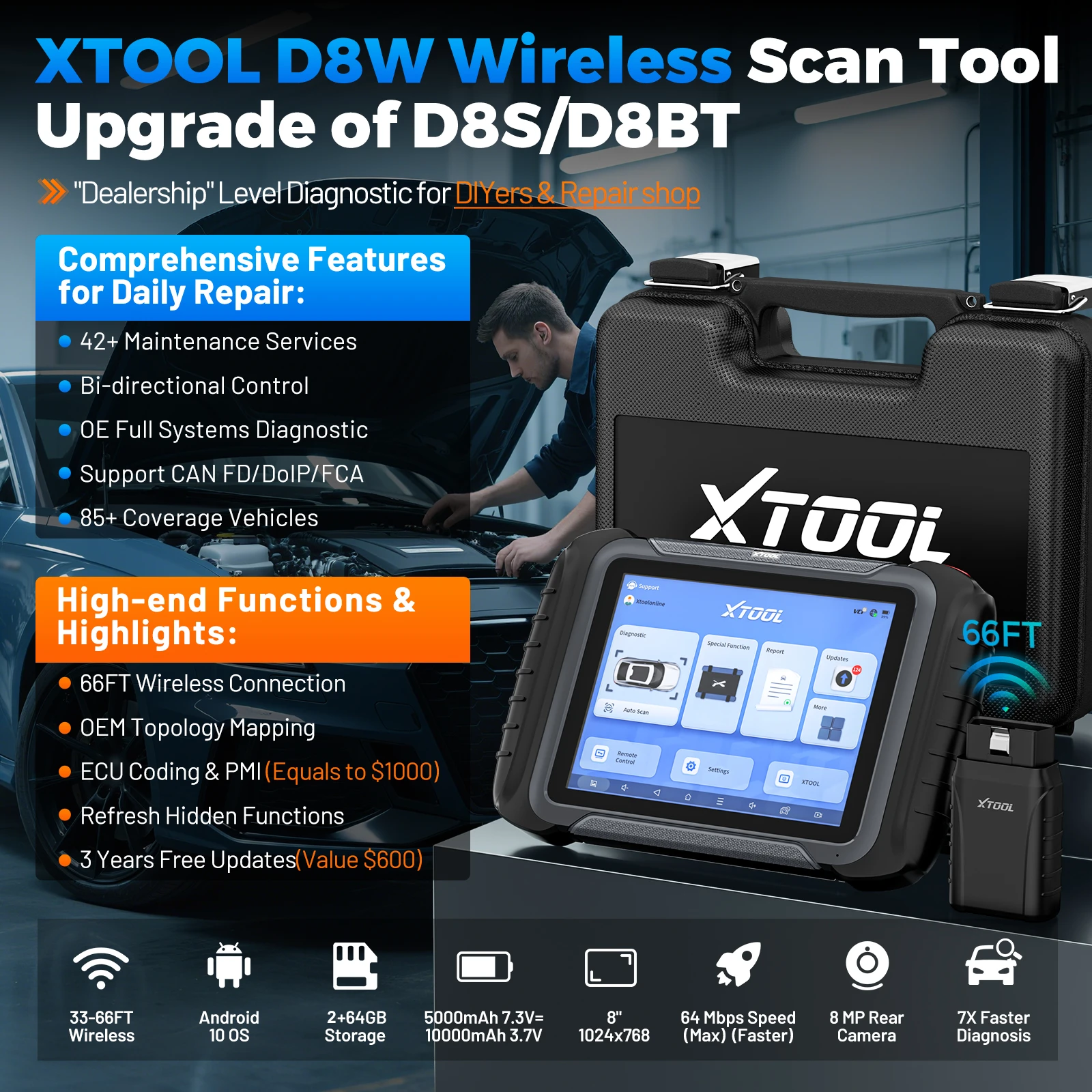 XTOOL D8W BT OBD2 Diagnostic Tool ECU Coding Bluetooth Automotive Scanner VAG Guided Key Programming Topology Map with 42+ Reset