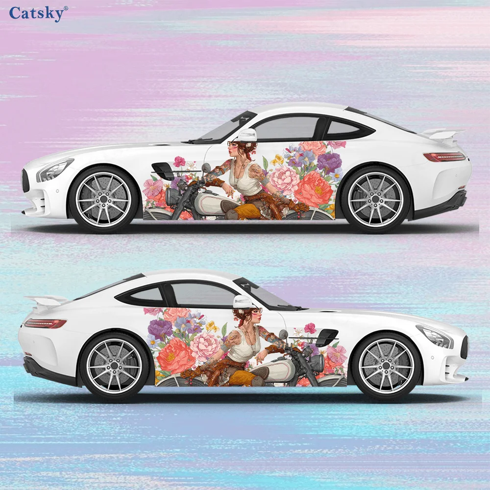 

Women riding motorcycles flower group decal, suitable for cars and trucks, durable, fade-resistant, easy to install and remove -
