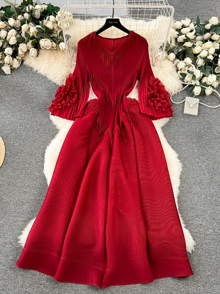 Women Elegant Pleated Long Dress Spring Summer Half Sleeve Tassels Party Dresses Laides Loose Oversized Loose Long Robe