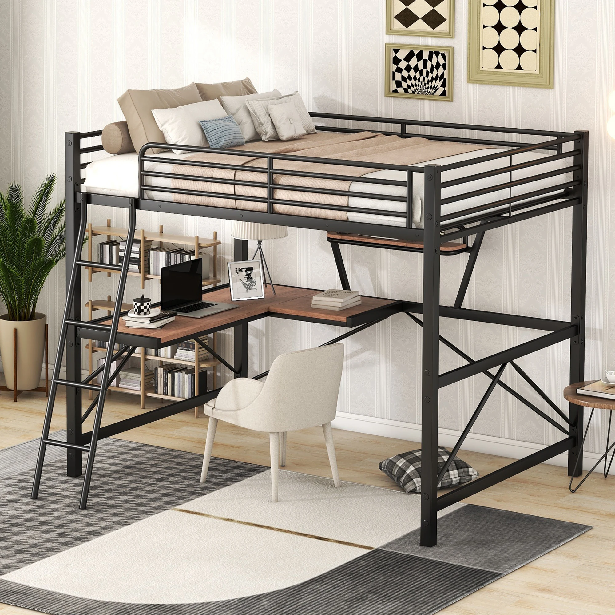 

Full Size Loft Bed with Desk and Shelf, Metal & MDF, Black 78x56.30x70.90 in.