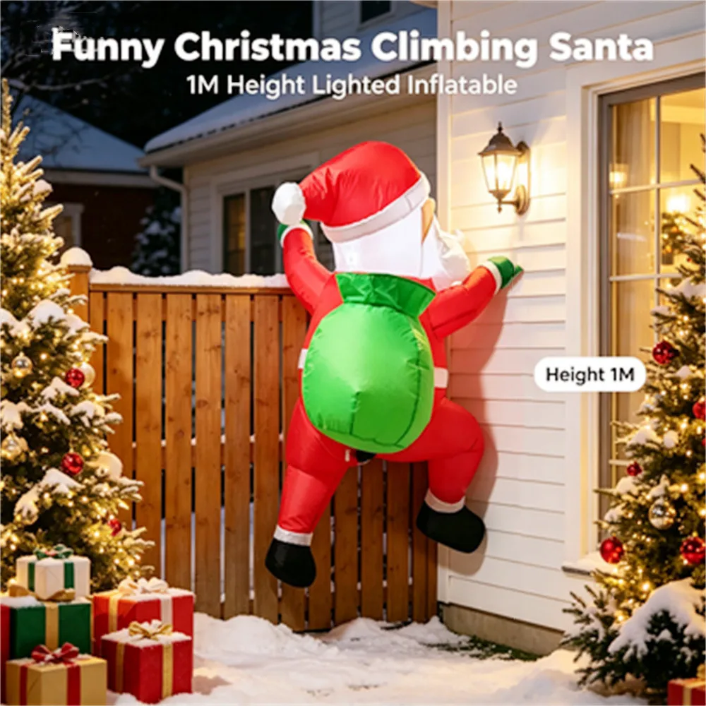 1M Funny Climbing Inflatable Santa Claus Back View With Gift Bag LED Light Up Christmas Blow Up Decoration Outdoor Wall Hanging