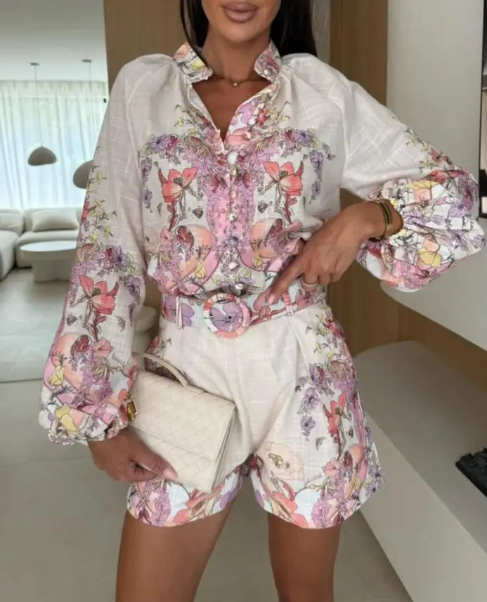 

Two Piece Set Women Outfit 2025 New Floral Print Stand Collar Button Front Lantern Sleeve Top & Casual High Waist Shorts Set