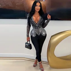 Sexy women's hot diamond V-neck party jumpsuit new 2024 nightclub long sleeved crystal pants jumpsuit Cocktail Party Dress