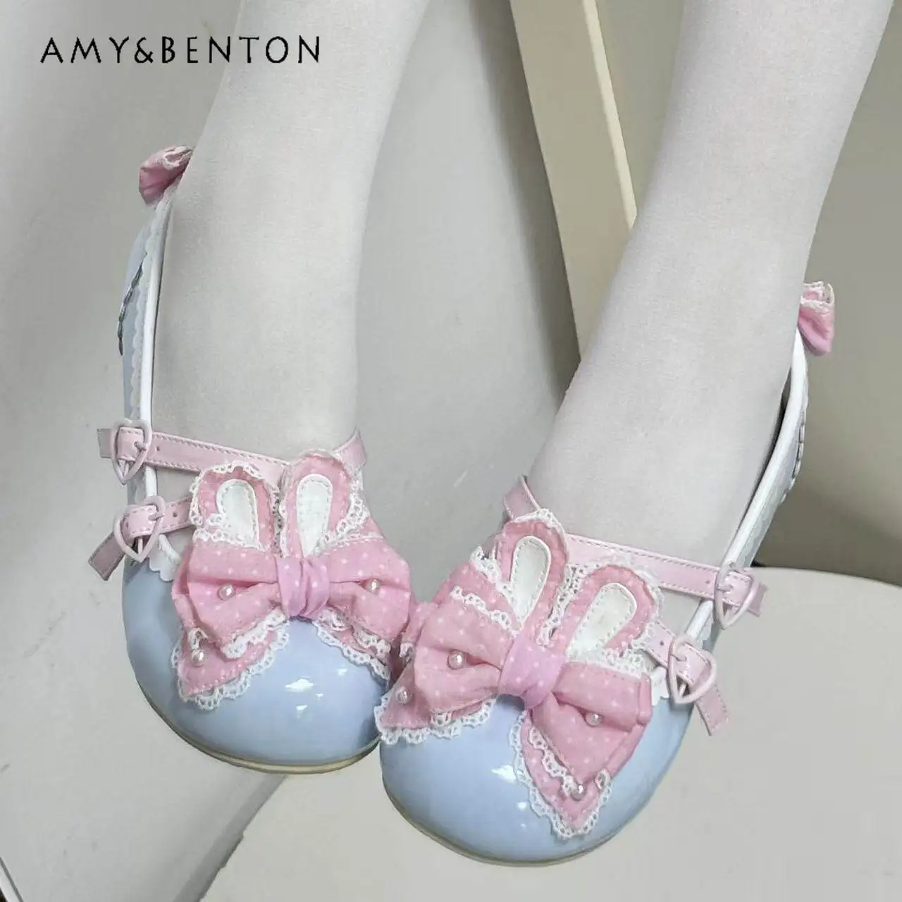 

Sweetheart Girl Cute Lolita Polka Dot Bunny Ear Pearl Bow Round-Toe Mary Jane Shoes Japanese JK Low-Heel Leather Shoes for Women
