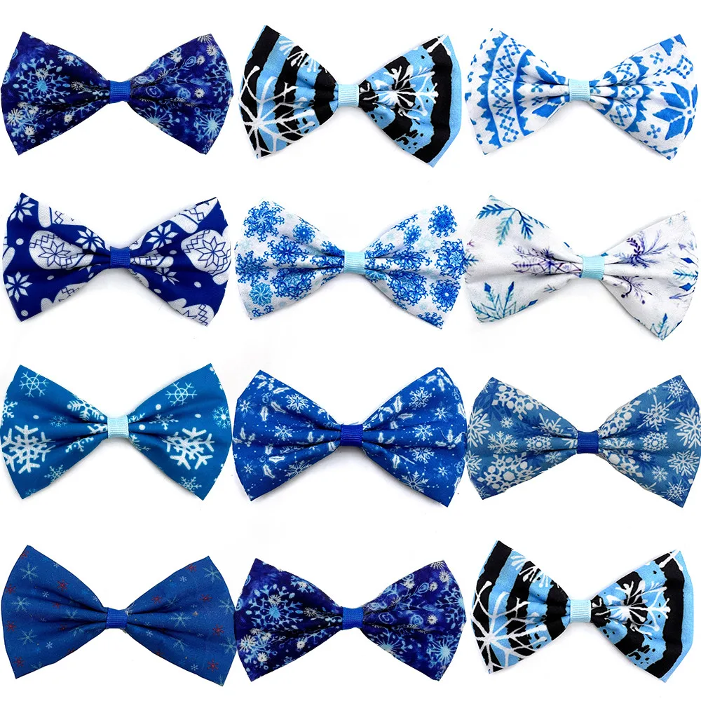 30/50pcs Winter Dog Bow Ties Charms Puppy Accessories Slidable Dog Collar Blue Bows Snowflake Style Pet Supplies Small Dog Bows