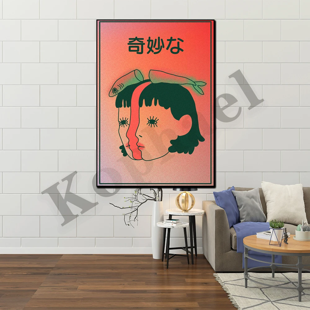 Wonderful girl and strange fish abstract canvas painting