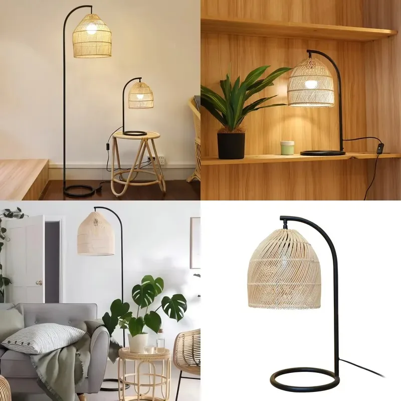 Nordic Hand Woven Natural Black Rattan Floor Lamp LED Living Room Bedroom Desk Light