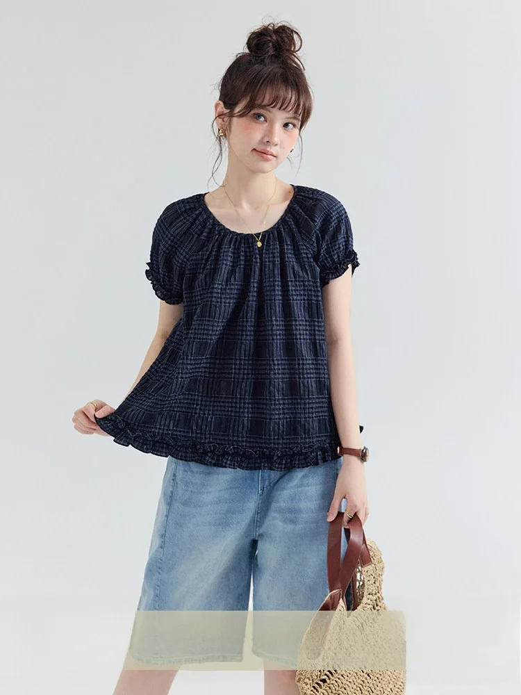 

AMUU Original Texture Dark Plaid Wood Grain Cotton Shirt Women's Summer New Style Pure Cotton Short Sleeve Top