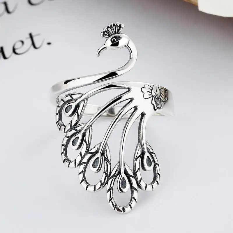 

Buyee 925 Sterling Silver Big Ring Finger Cute Peacock Ethnic Open Ring for Woman Fashion Animal Fine Jewelry Circle